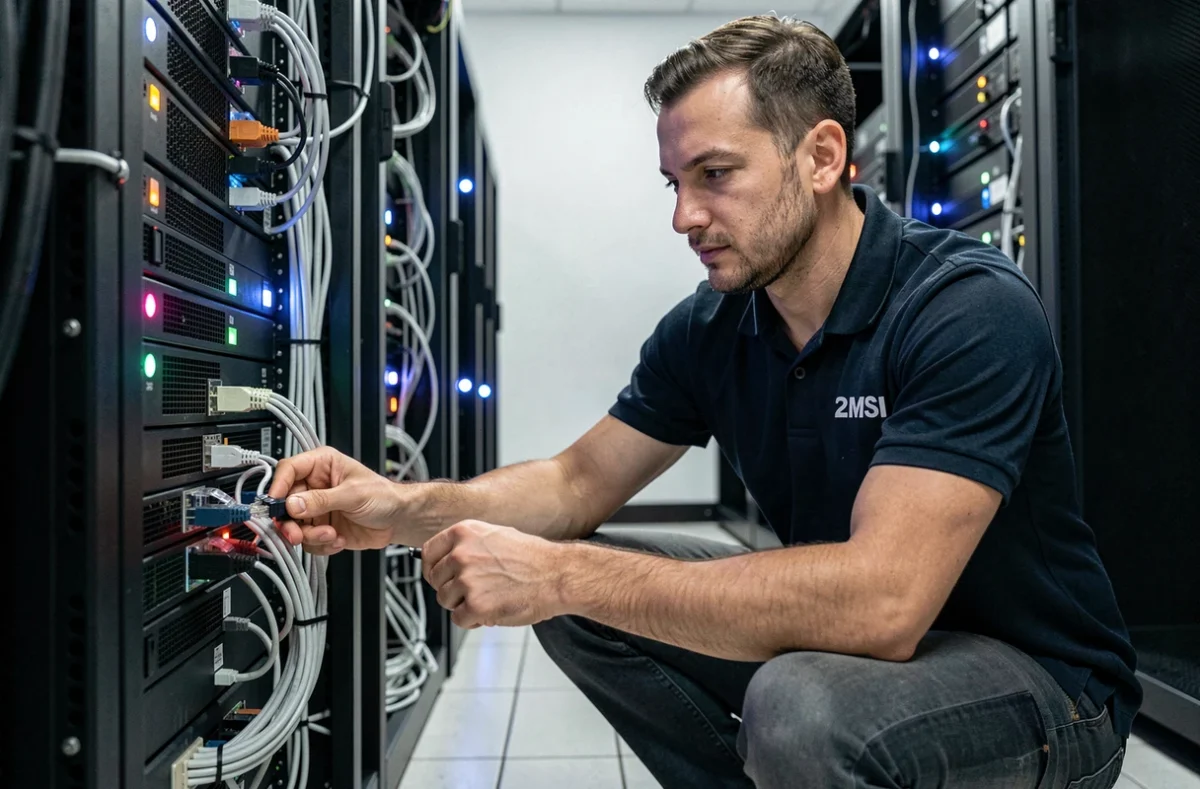 Technicien réseau de 2MSI connectant des câbles Ethernet dans une salle de serveurs à Toulouse
