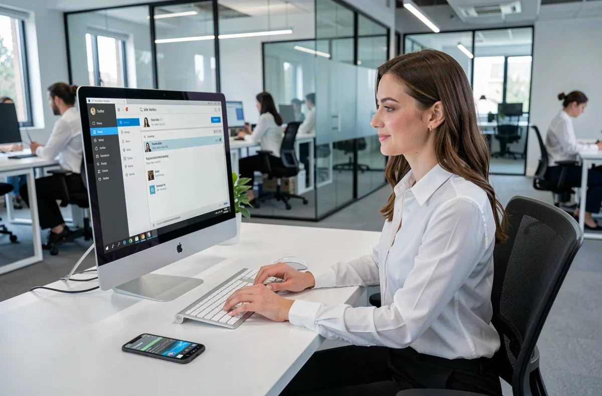 Femme accédant à l'historique du presse-papier Android depuis un ordinateur de bureau dans un environnement de bureau moderne