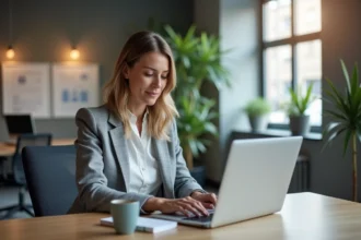 Femme professionnelle accédant au portail Mel depuis un bureau moderne à Caen en 2026