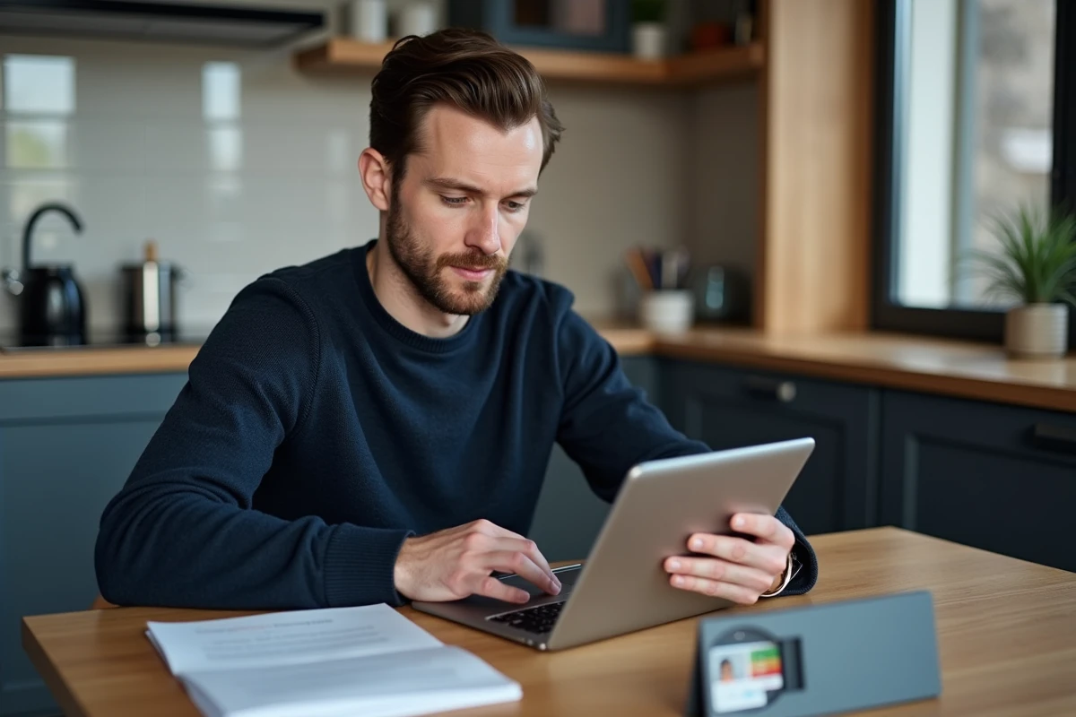 Homme consultant le portail Mel sur tablette depuis son appartement à Caen