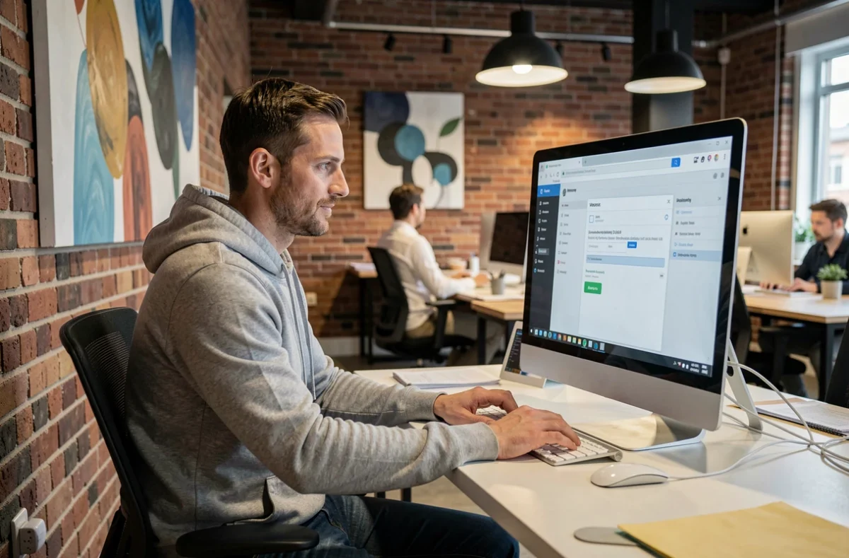 Homme se connectant à un webmail professionnel depuis un espace de coworking sur ordinateur de bureau