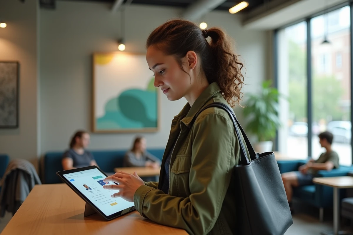 Étudiante accédant au webmail du rectorat de Montpellier sur tablette dans un espace universitaire moderne