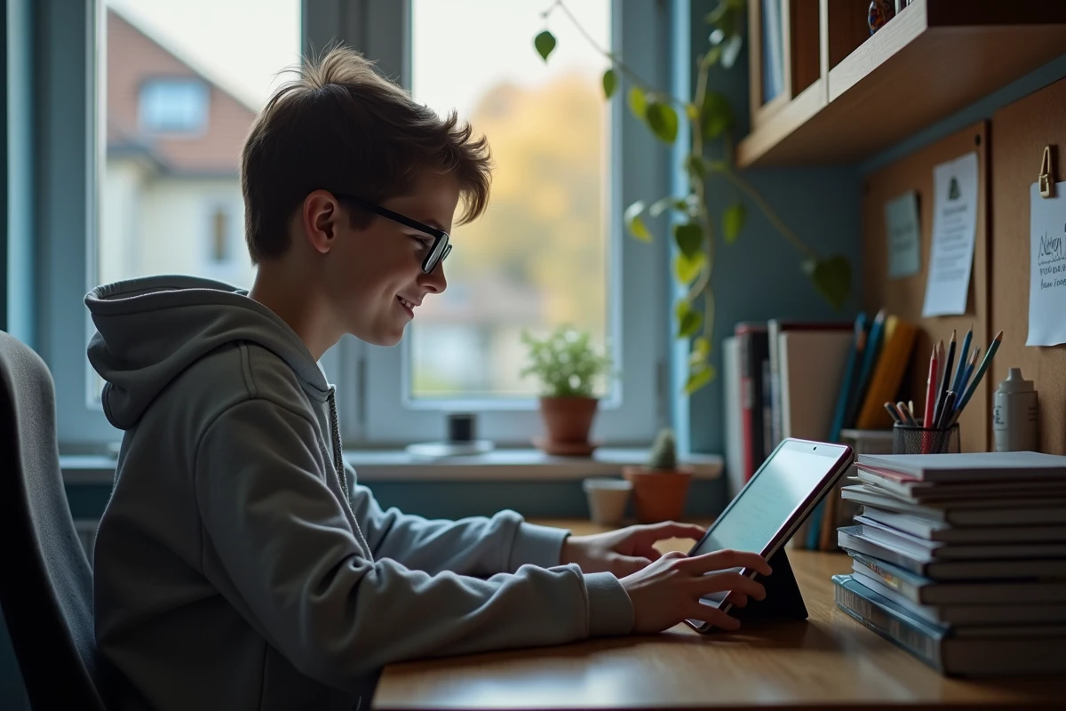 Adolescent souriant utilisant une tablette dans sa chambre