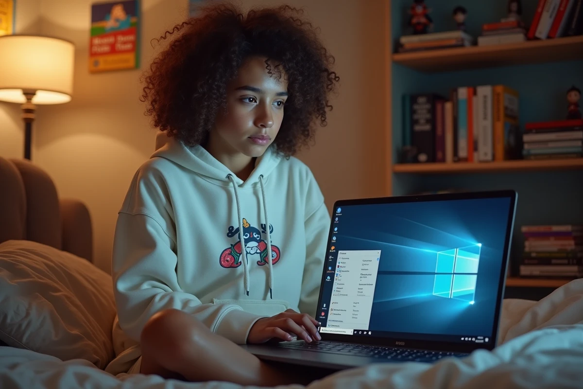 Adolescent créant une icône de raccourci sur le bureau d'un ordinateur portable Windows depuis sa chambre