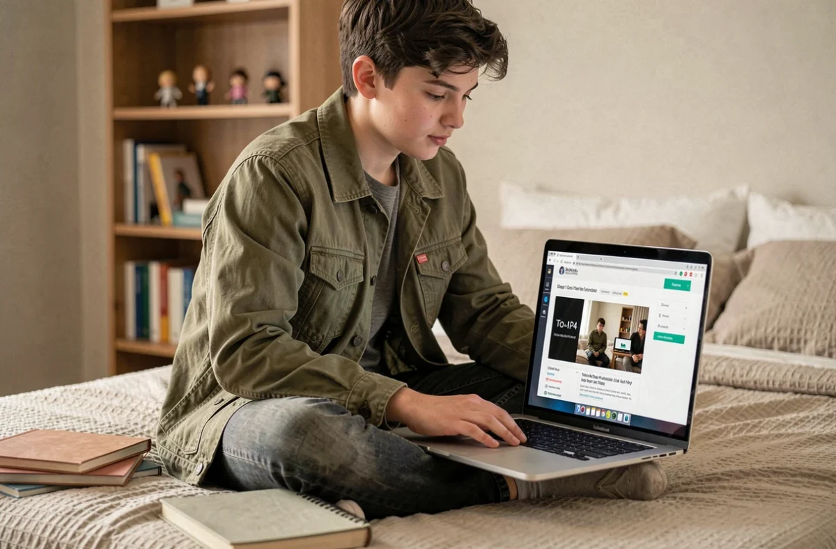Adolescent suivant un tutoriel étape par étape pour convertir une vidéo en MP4 sur un ordinateur portable