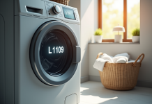 Écran de lave-linge affichant erreur L1109 dans une buanderie lumineuse