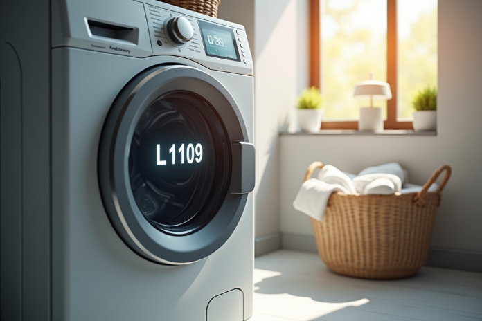 Écran de lave-linge affichant erreur L1109 dans une buanderie lumineuse