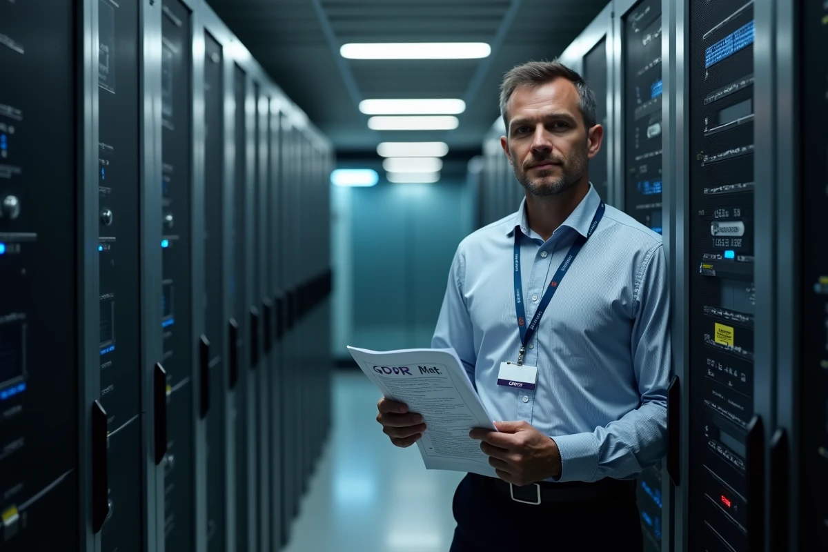 Agent informatique vérifiant une checklist GDPR près d