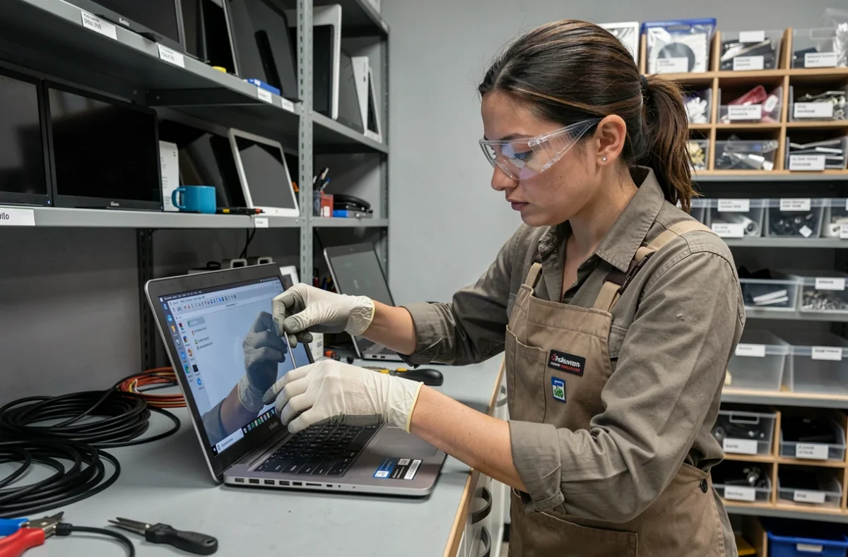 Technicienne d'Améliorer Informatique remplaçant l'écran d'un ordinateur portable dans un atelier de réparation près de Toulouse
