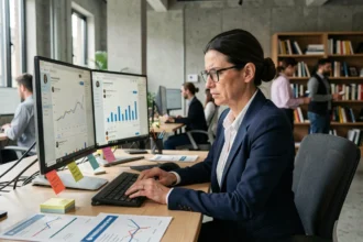 Analyste de marque examinant des données et statistiques issues du réseau social X sur un double écran dans un espace de travail moderne