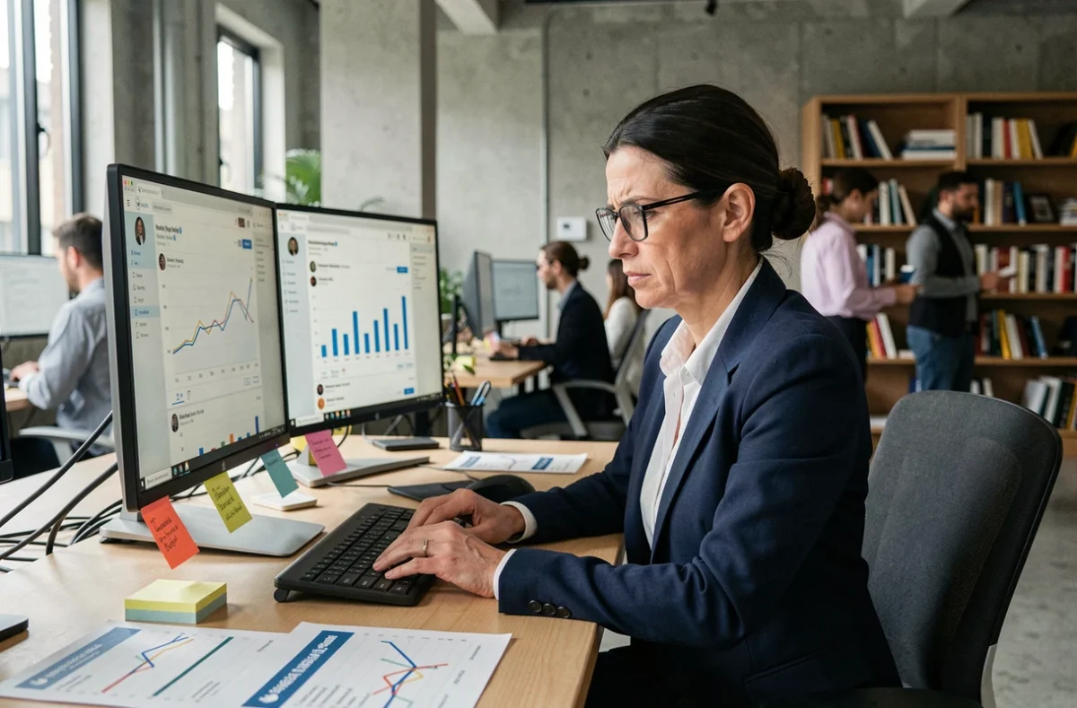 Analyste de marque examinant des données et statistiques issues du réseau social X sur un double écran dans un espace de travail moderne