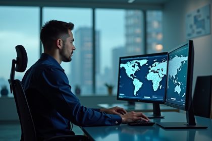 Jeune analyste cybersecurite au bureau avec ecrans