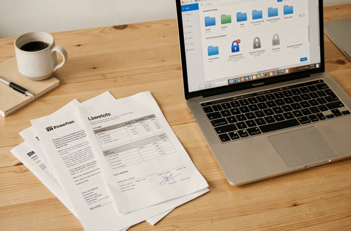 Vue en plongée d'un bureau avec documents administratifs papier et interface de coffre-fort numérique sur ordinateur portable, pour choisir la meilleure solution de stockage
