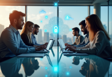 Équipe d'informaticiens collaborant dans un bureau lumineux avec icônes de sécurité numérique
