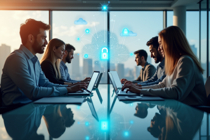 Équipe d'informaticiens collaborant dans un bureau lumineux avec icônes de sécurité numérique