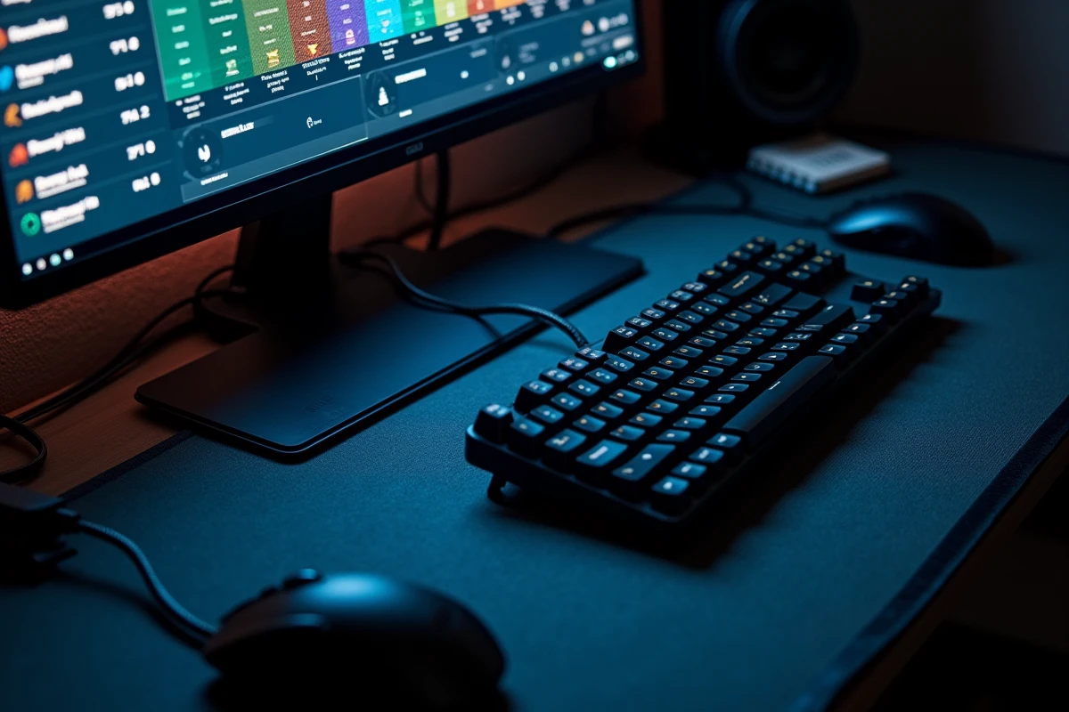 Vue aérienne d'un bureau gaming avec écran affichant un tableau des rangs CS2 de Silver à Global Elite