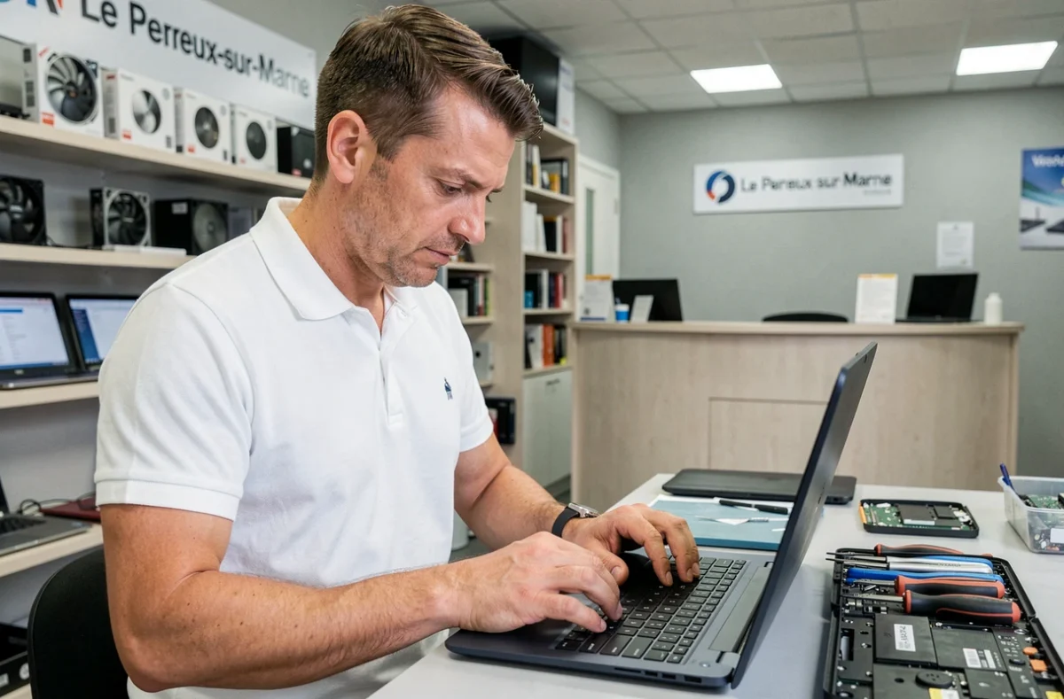 Technicien Bureauclic remplaçant un clavier d'ordinateur portable dans son atelier au Perreux-sur-Marne