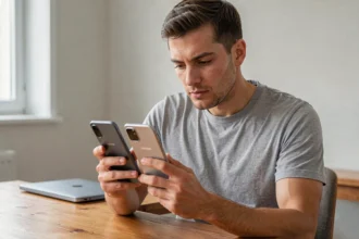 Homme tenant deux smartphones Samsung côte à côte pour effectuer un clonage de données sans compte Google