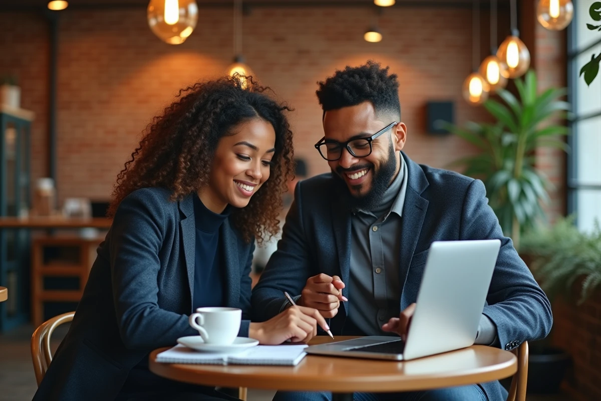 Deux professionnels du web collaborant sur des fenêtres popup navigateur dans un espace de coworking café en 2026