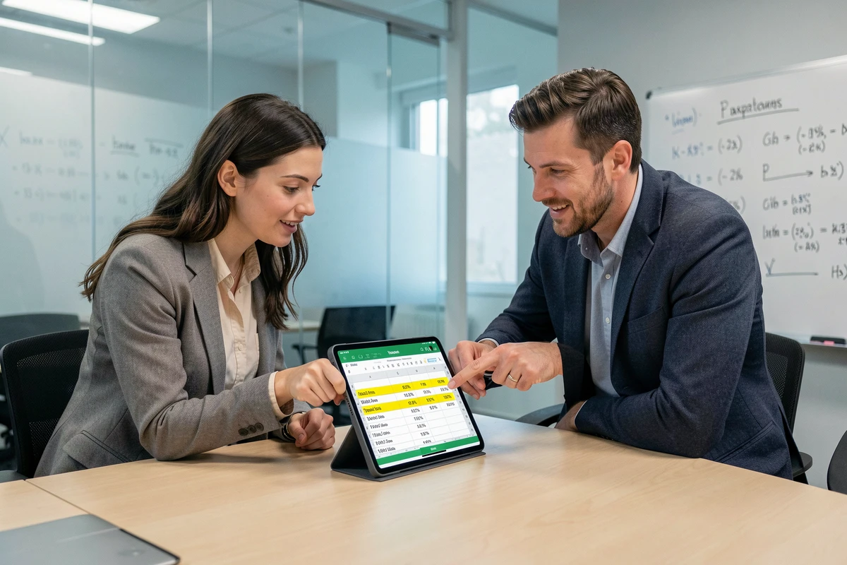 Deux collègues analysant ensemble des formules d'augmentation en pourcentage sur Excel lors d'une réunion