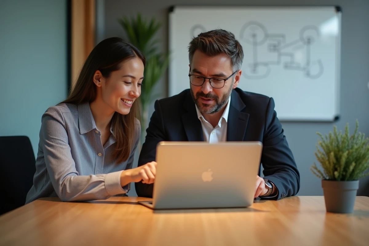 Deux collègues découvrant ensemble des innovations numériques sur un blog technologique lors d'une réunion collaborative