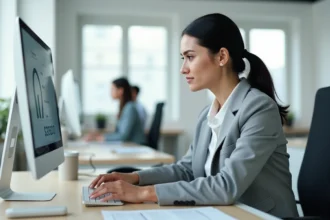 Femme analyste comparant les prix des abonnements IA ChatGPT 5 et alternatives sur deux écrans dans un bureau moderne