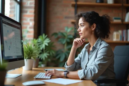 Femme comparant les prix de logiciels emailing sur un écran d'ordinateur dans un bureau moderne