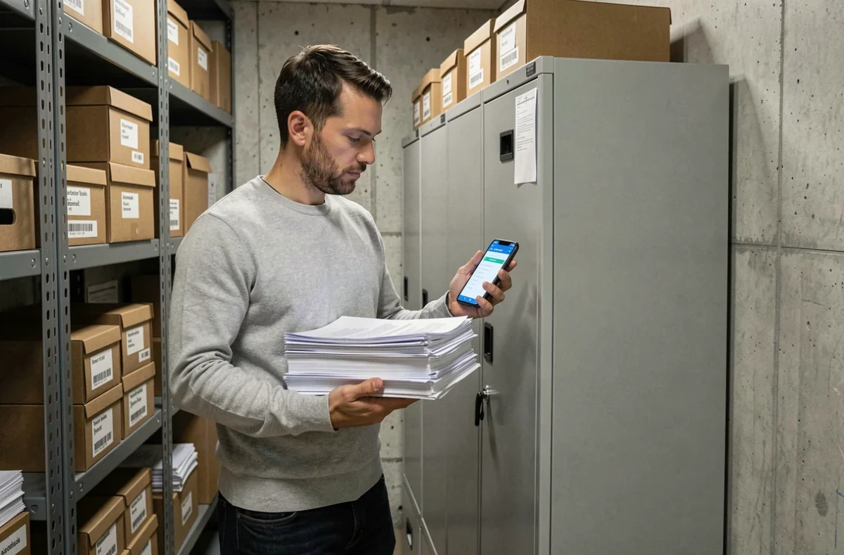 Homme comparant le stockage papier en armoire métallique et un coffre-fort numérique sur smartphone pour ses documents professionnels
