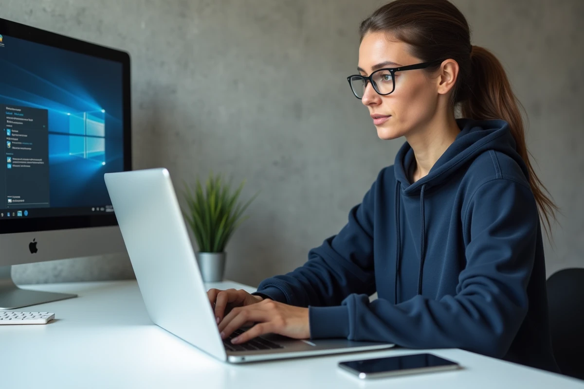 Femme configurant un dual boot Windows sur un ordinateur portable avec une clé USB d'installation branchée