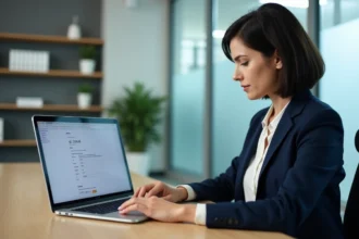 Femme configurant les paramètres IMAP sur un ordinateur portable dans un bureau administratif universitaire