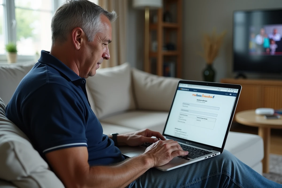 Parent configurant les restrictions parentales Freebox sur ordinateur portable dans le salon familial