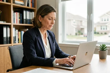Femme professionnelle se connectant à un webmail depuis son bureau à domicile sur un ordinateur portable