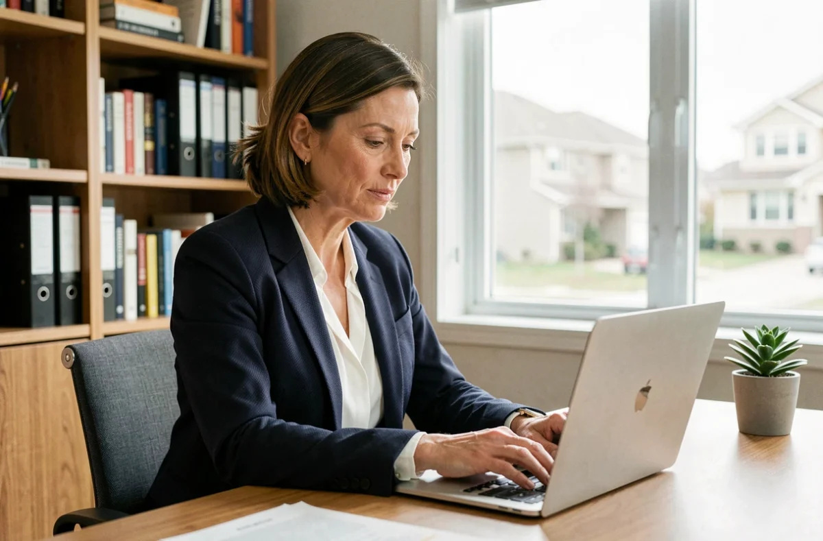 Femme professionnelle se connectant à un webmail depuis son bureau à domicile sur un ordinateur portable