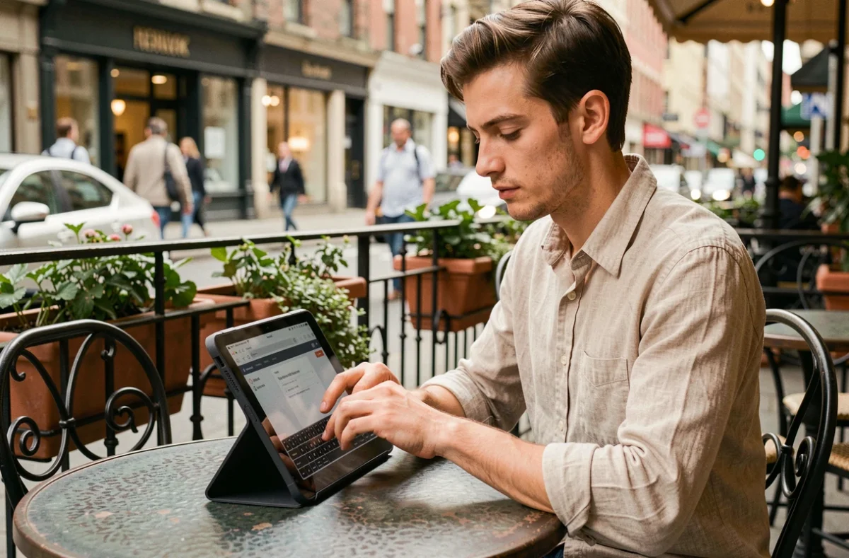 Jeune professionnel consultant son webmail depuis une terrasse de café en extérieur sur tablette