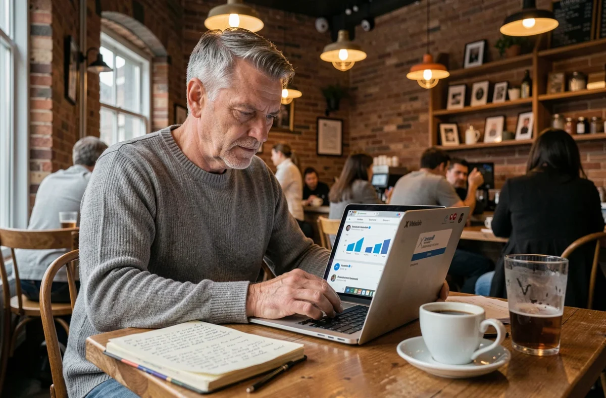 Consultant en stratégie de marque analysant la réputation d'une entreprise sur le réseau X depuis un café urbain avec ordinateur portable et notes manuscrites