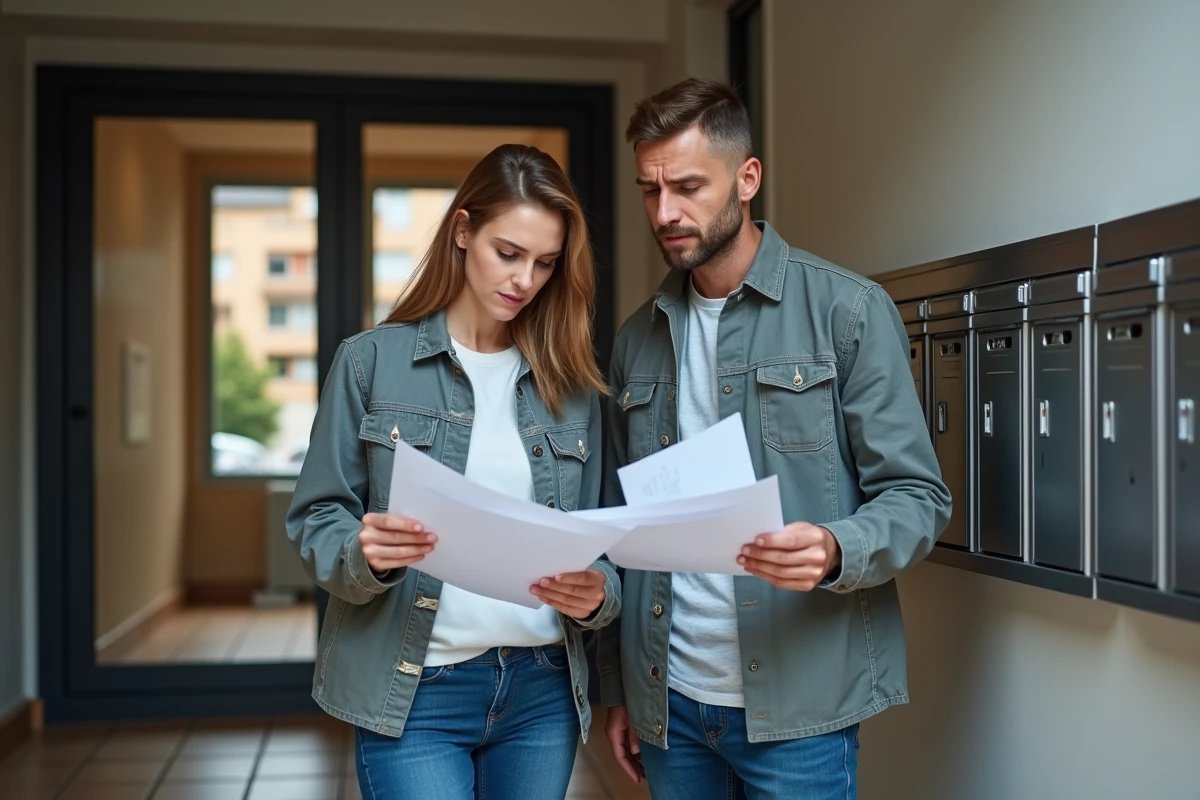 Couple examinant leur courrier redirigé dans le couloir d'un immeuble résidentiel après un changement d'adresse récent