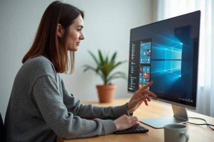 Femme utilisant un ordinateur Windows pour créer un raccourci icône sur le bureau sans panneau de configuration