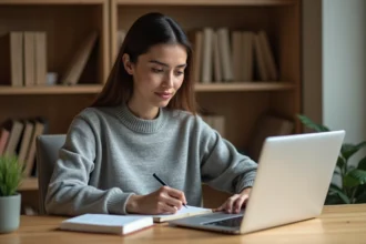 Jeune femme débutante lisant un guide rapide sur un logiciel de scan à son bureau à domicile, avec un cahier de notes ouvert