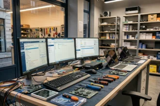 Vue d'ensemble d'un atelier de dépannage informatique professionnel à Toulouse avec postes de travail et matériel informatique