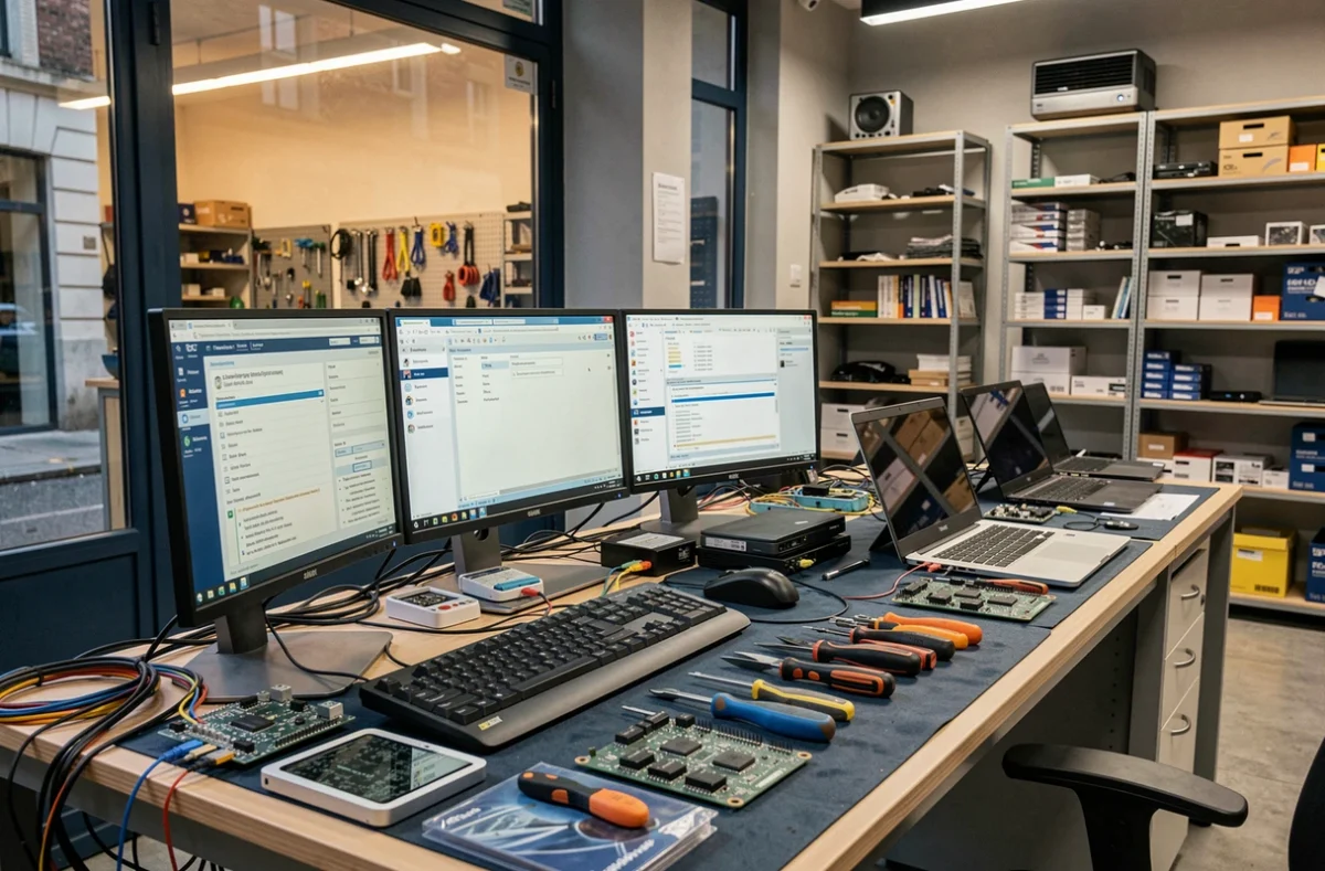 Vue d'ensemble d'un atelier de dépannage informatique professionnel à Toulouse avec postes de travail et matériel informatique