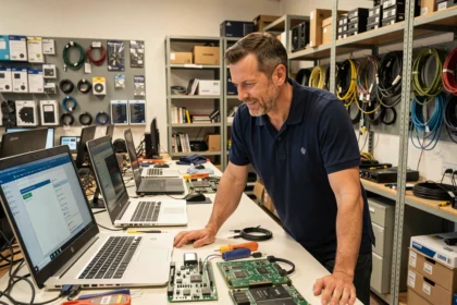 Technicien informatique professionnel dans un atelier de dépannage informatique dans le Vaucluse, entouré d'ordinateurs portables et de matériel informatique