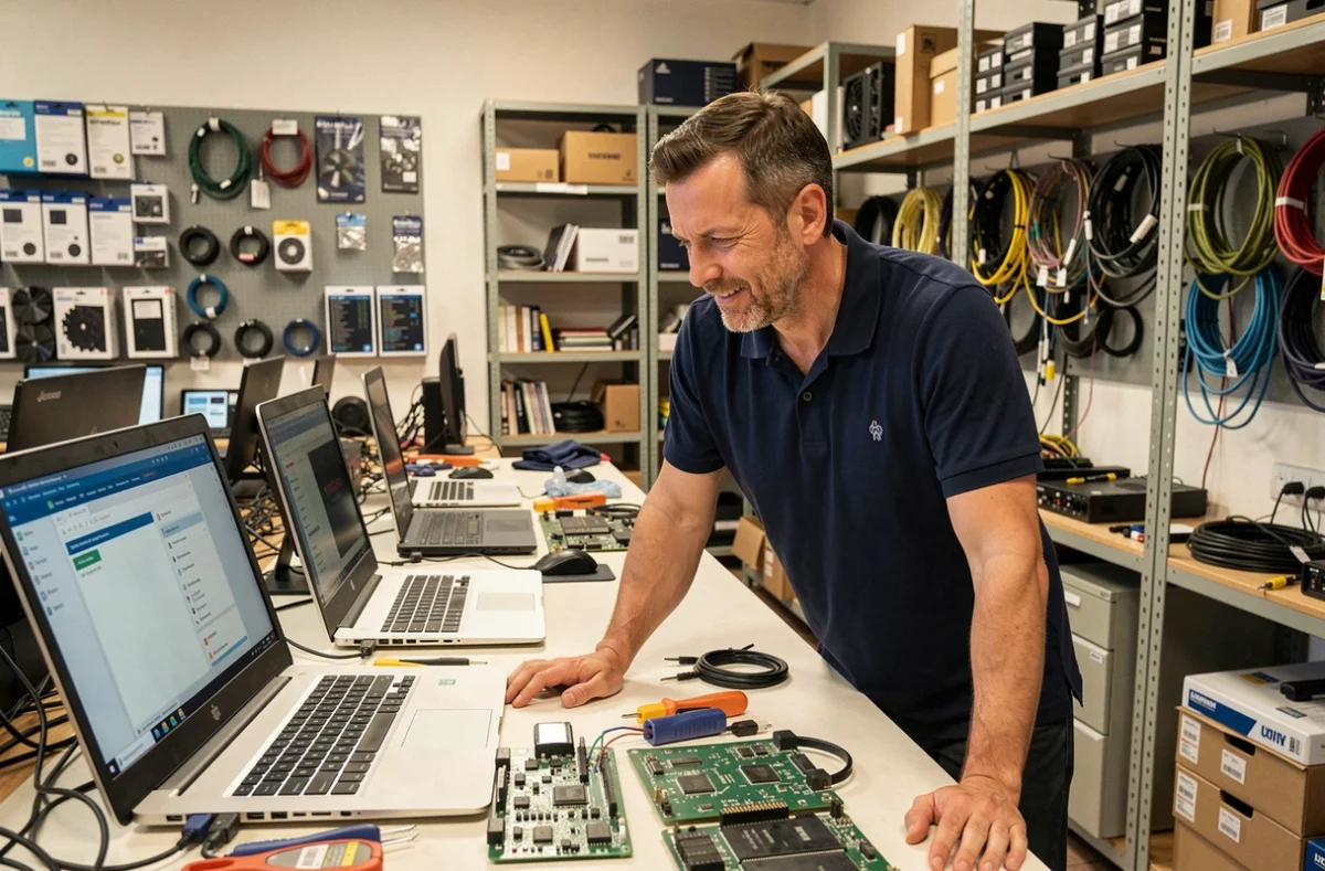 Technicien informatique professionnel dans un atelier de dépannage informatique dans le Vaucluse, entouré d'ordinateurs portables et de matériel informatique