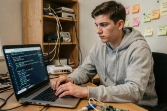 Jeune homme dépannant une configuration réseau avec une adresse IP sur son ordinateur portable dans un bureau à domicile