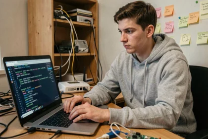Jeune homme dépannant une configuration réseau avec une adresse IP sur son ordinateur portable dans un bureau à domicile