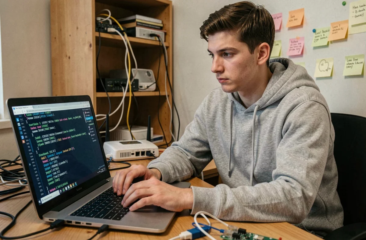 Jeune homme dépannant une configuration réseau avec une adresse IP sur son ordinateur portable dans un bureau à domicile