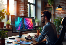 Designer graphique travaillant sur un double écran lumineux