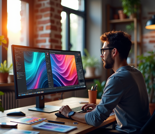 Designer graphique travaillant sur un double écran lumineux