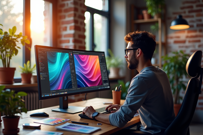 Designer graphique travaillant sur un double écran lumineux