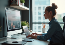 Web designer travaillant sur un ordinateur portable dans un espace moderne