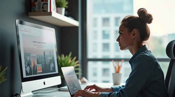Nommer le footer d’un site web : tout savoir sur cette partie essentielle ! Web designer travaillant sur un ordinateur portable dans un espace moderne